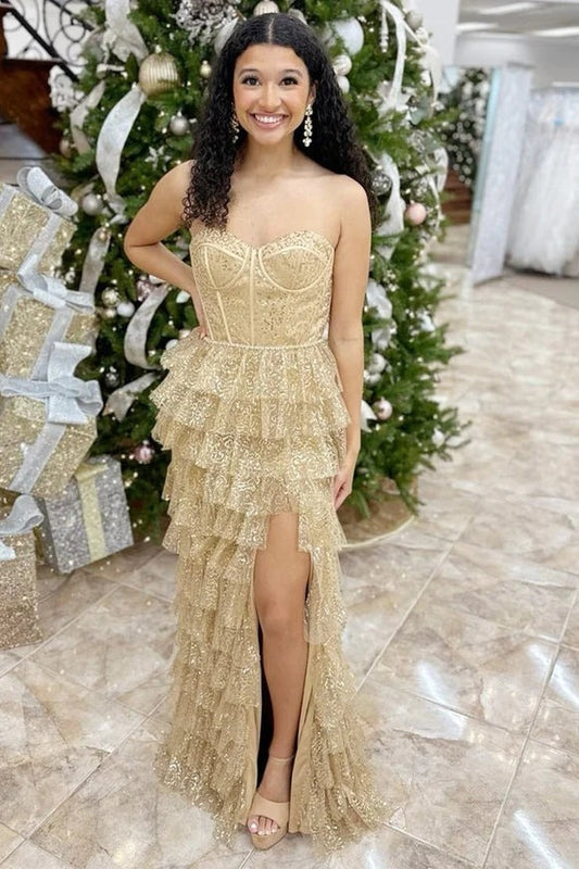 Gold Corset Sequin Tulle Ruffle Tiered Long Dress with Slit, PD25639