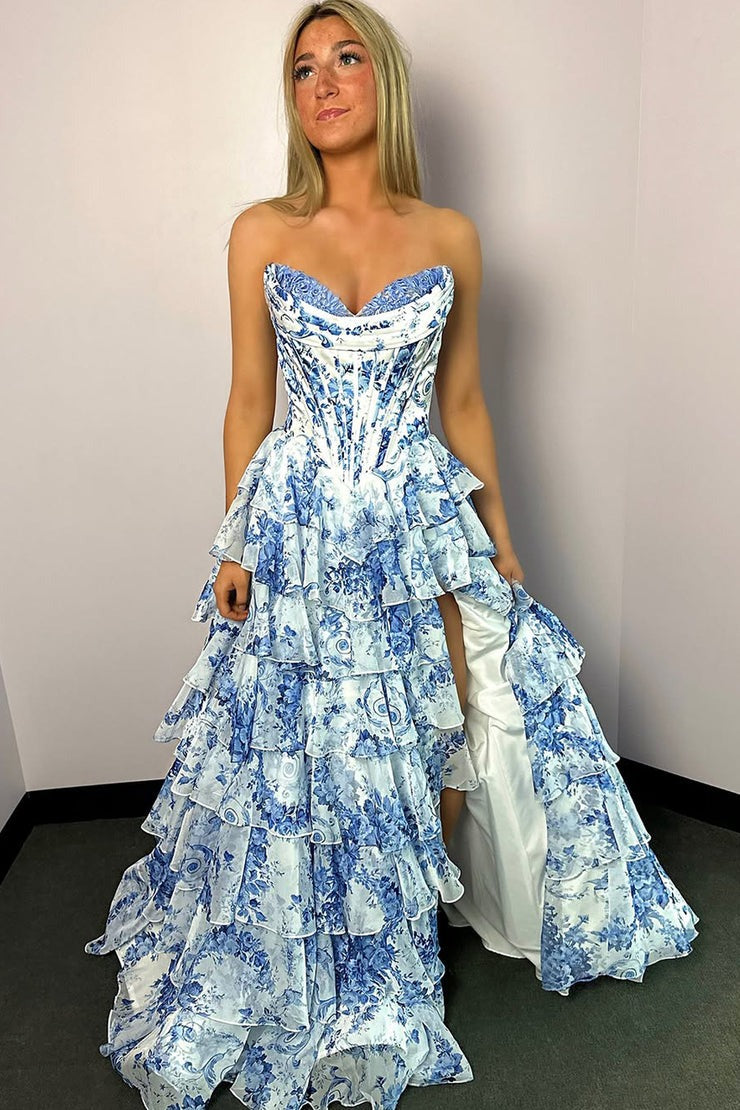 Cute Chiffon A Line Sweetheart Floral Printed Prom Dress, PD25498