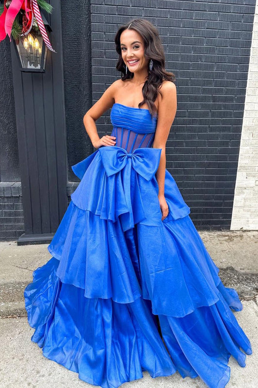 Royal Blue Strapless Organza Long Ball Gown Prom Dress with Bow, PD25738