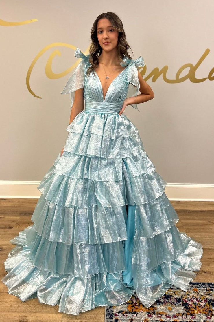 V Neck Blue Ruffle Tiered Organza Prom Dress with Bow, PD25148