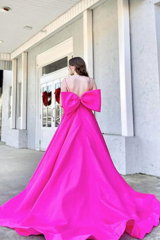 Fuchsia Satin A-Line Scoop Neck Long Prom Dress with Bow, PD25407
