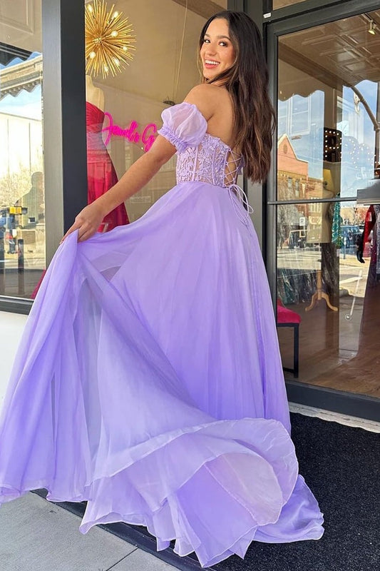 Purple A Line Sweetheart Corset Prom Dress with Appliques, PD25611