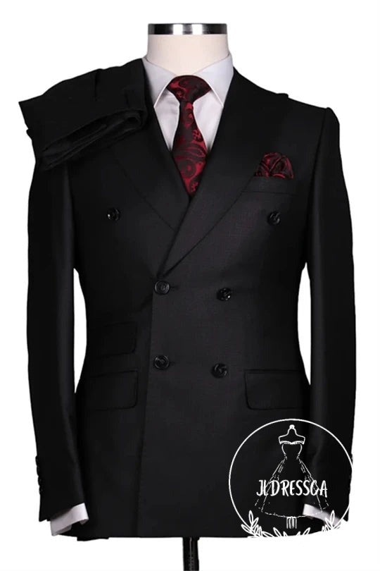 Classic Black Peaked Lapel Double Breasted Business Men Suits, SU25142