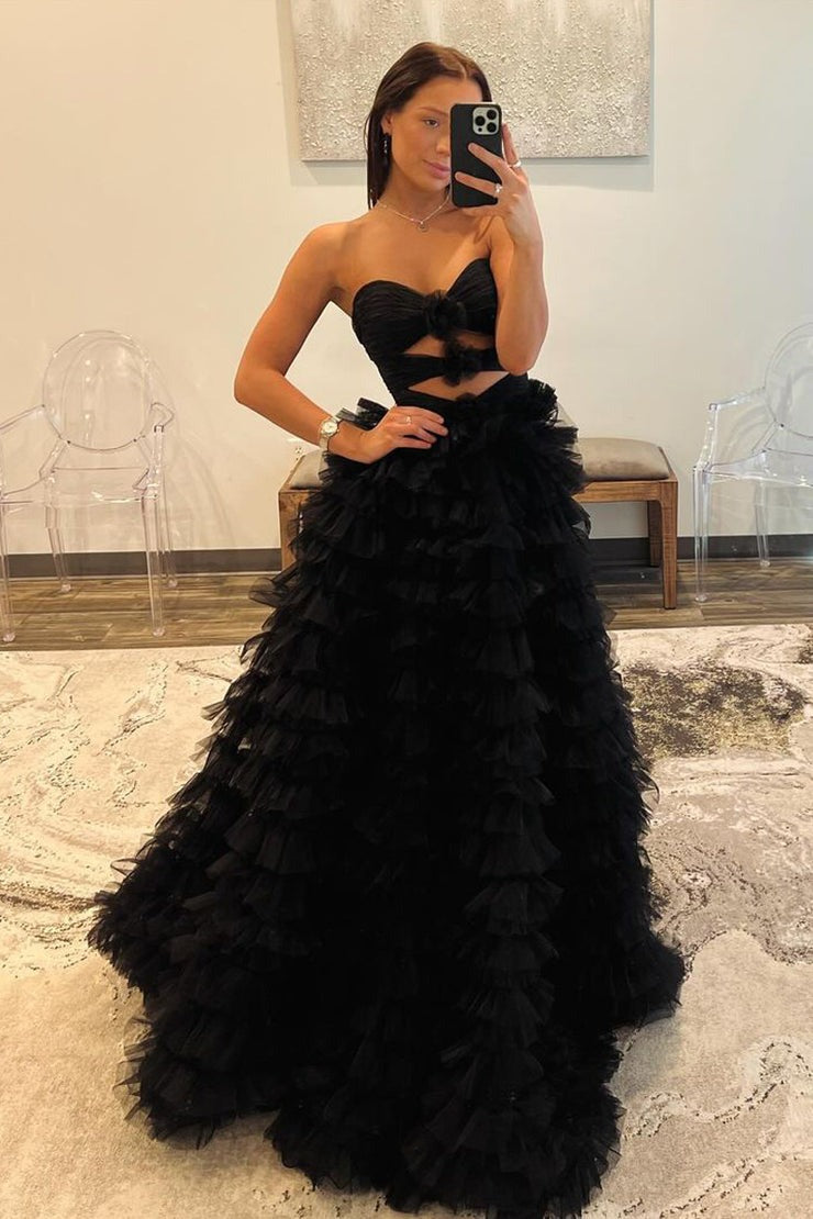 Black Tulle Tiered Ruffle Sweetheart Long Prom Dress with Slit, PD25371