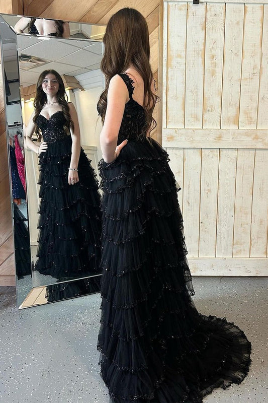 Black Sweetheart A - Line Long Tulle Prom Dress with Appliques, PD25561