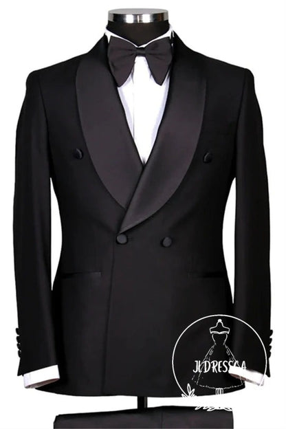 Classic Black Shawl Lapel Double Breasted Wedding Men Suits, SU25152