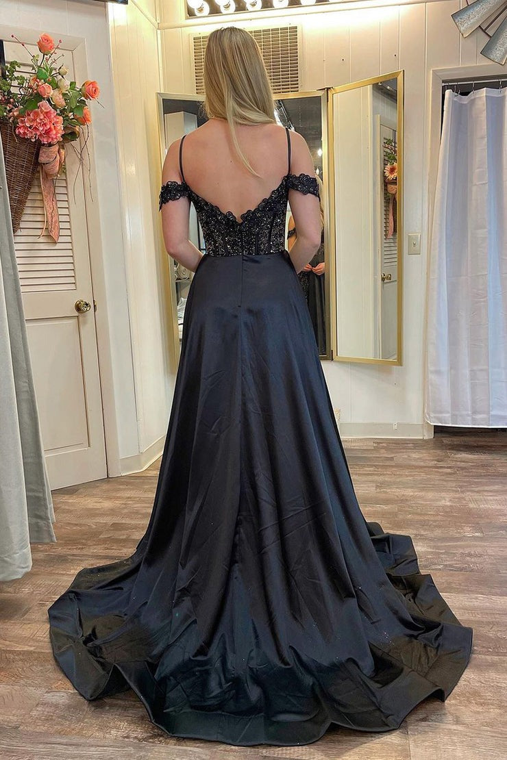 Black Satin Cold Shoulder Long Prom Dresses with Pockets, PD25511