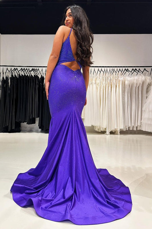 Purple Mermaid V Neck Satin Long Prom Dresses with Beads, PD25591