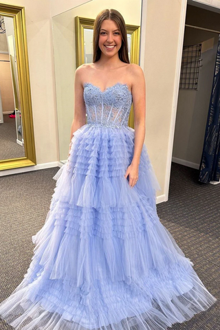 Tiered Tulle A-Line Long Prom Dress with Ruffles and Appliques, PD24041610