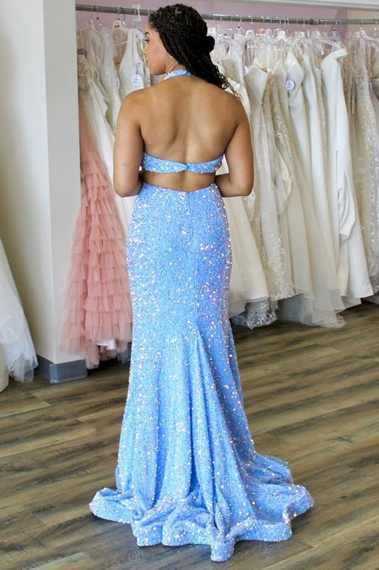 Blue Halter Iridescent Sequin Trumpet Long Prom Dress, PD25701