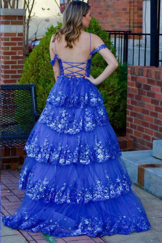 Tulle Sequin Ruffle Cold - Shoulder Tiered Long Prom Dress, PD25651