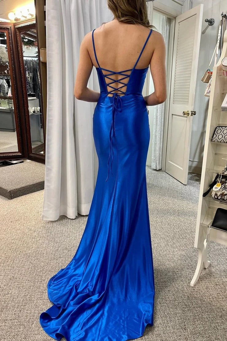 Royal Blue Mermaid Scoop Neck Lace - Up Pleated Gown, PD25571