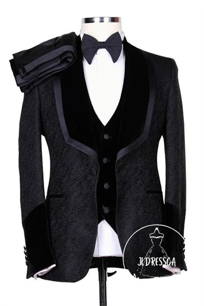 Black Jacquard Shawl Lapel Bespoke Wedding Men Suits, SU25182
