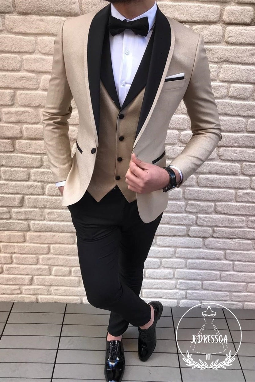 3 Piece Gold Champagne Wedding Suits Black Satin Shawl Lapel Wedding Tuxedos, SU25022