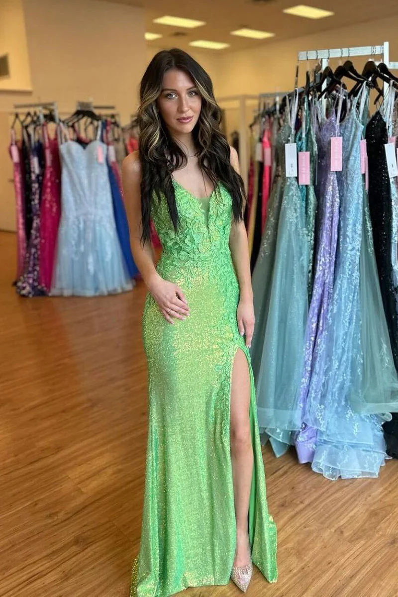 Green Sequin Mermaid V-Neck Long Prom Dress with Appliques, PD2404165