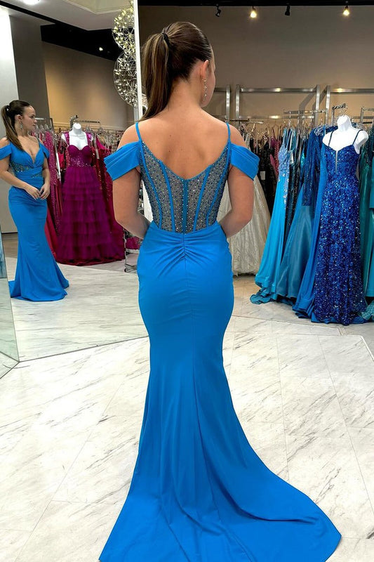 Blue Satin Mermaid Cold Shoulder Long Prom Dress, PD25421