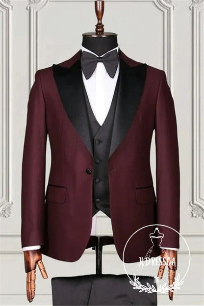 Burgundy Three Pieces Close Fitting Business Suits For Men, SU25072