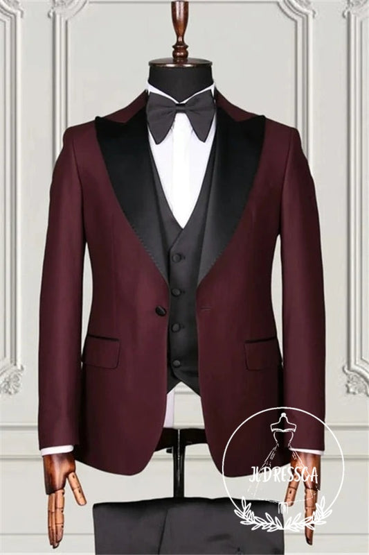 Burgundy Three Pieces Close Fitting Business Suits For Men, SU25072
