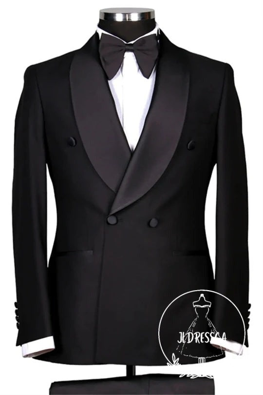 Classic Black Shawl Lapel Double Breasted Wedding Men Suits, SU25152
