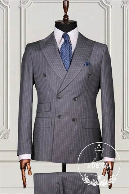 Newest Gray Double Breasted Striped Men Suits, SU25132