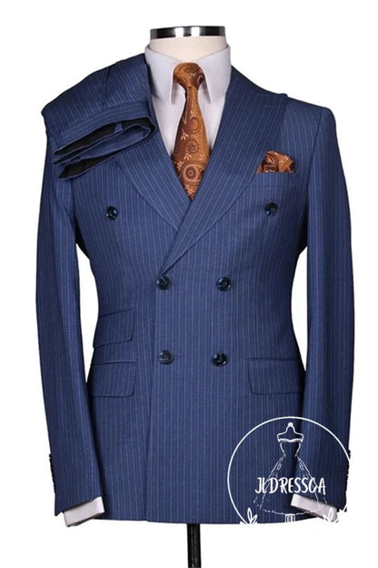 Dark Blue Striped Double Breasted Formal Business Suits, SU25162