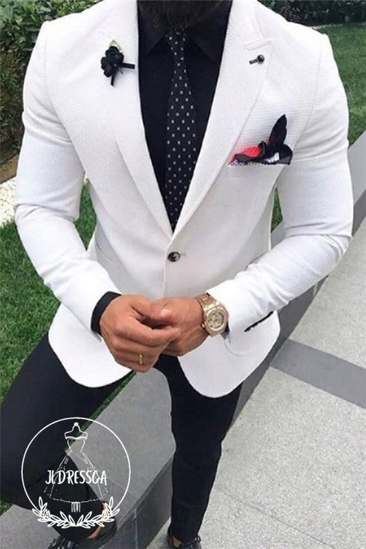White Wedding Suit for Men Peak Lapel Tuxedo Two Pieces, SU25052