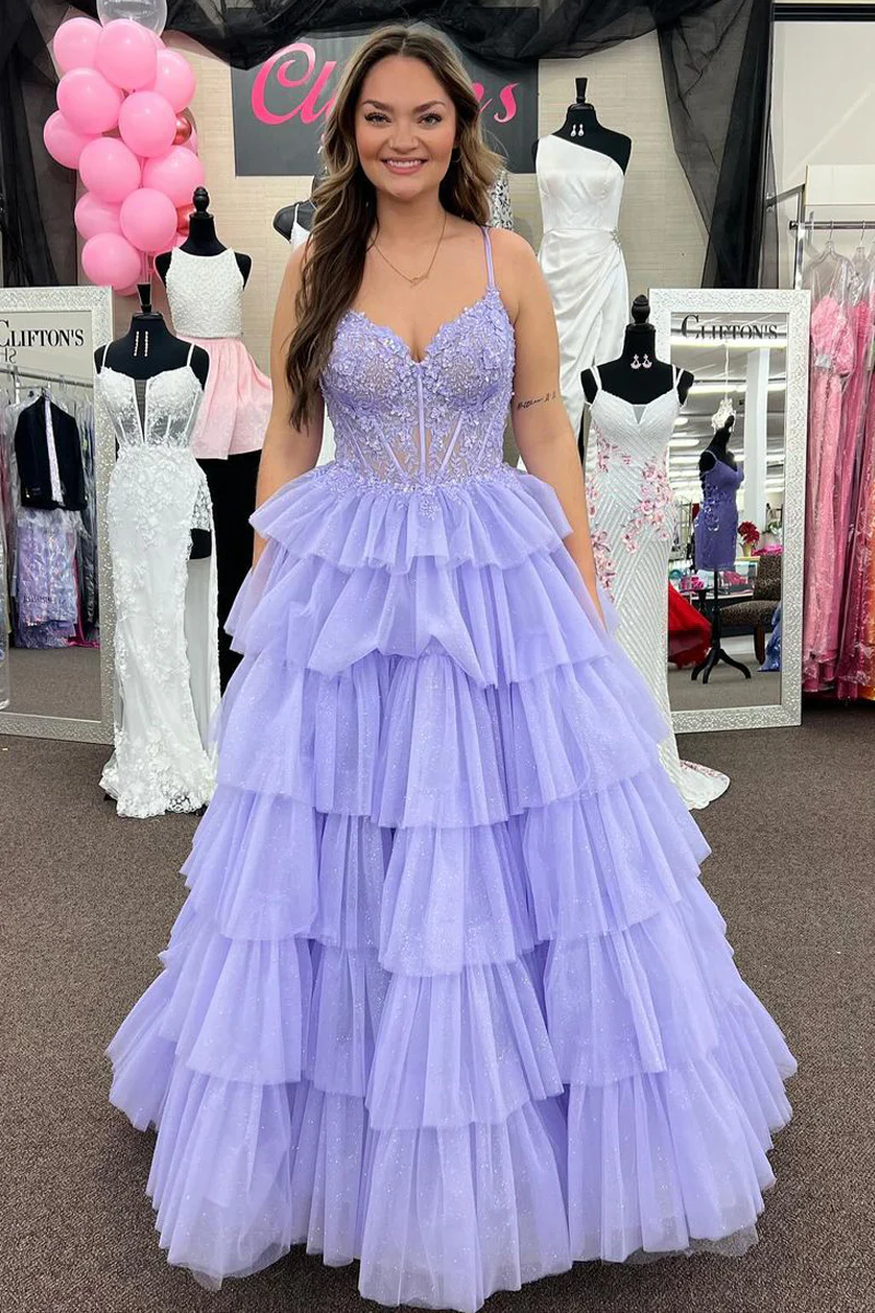 Tiered Tulle A-Line Long Prom Dress with Appliques, PD2404169