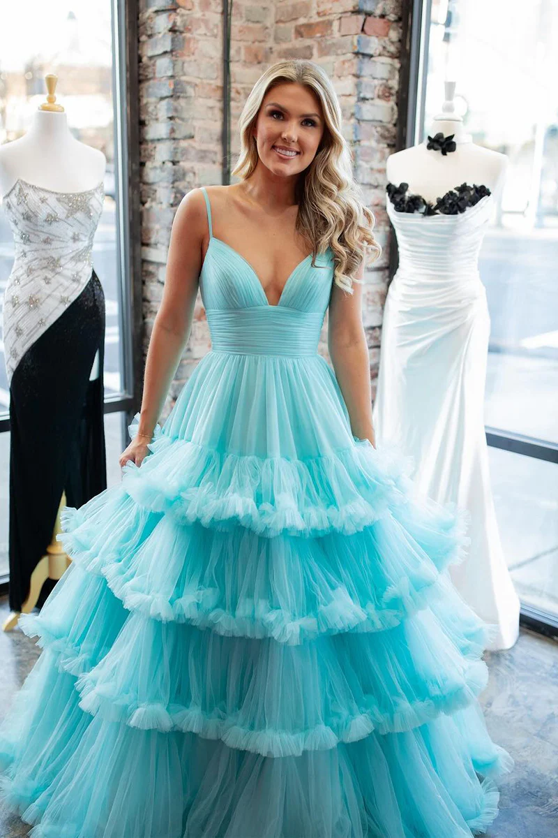 Charming Tiered Tulle A-Line V-Neck Long Prom Dress with Ruffles, PD2404163