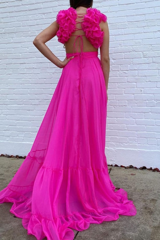 Fuchsia A Line V Neck Long Prom Dress with 3D Flowers, PD25671