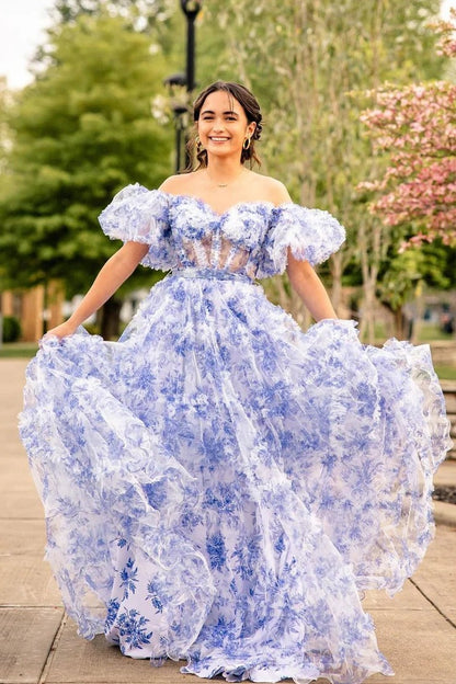Off the Shoulder Blue Ruffle Tiered Floral Printed Prom Dress, PD25157