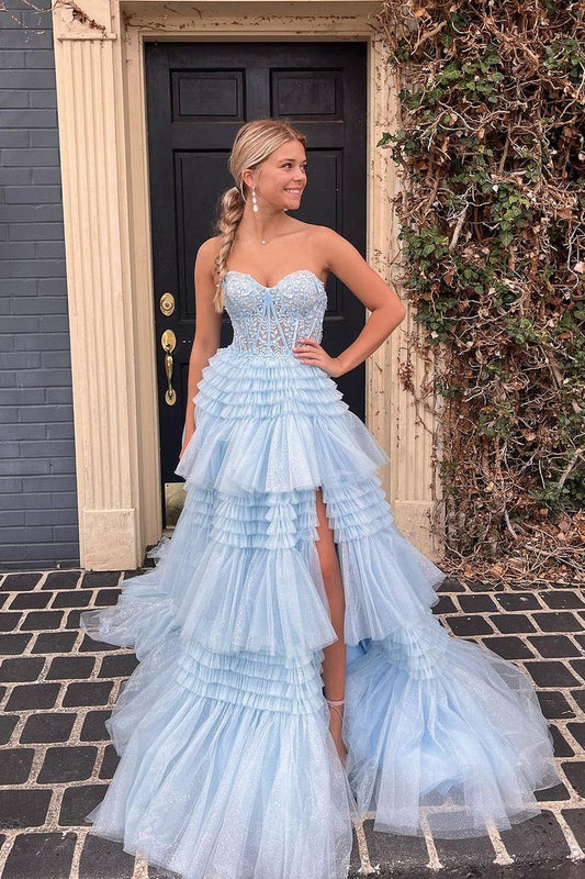 Strapless A Line Blue Ruffle Tiered Tulle Long Prom Dress with Appliques, PD25114