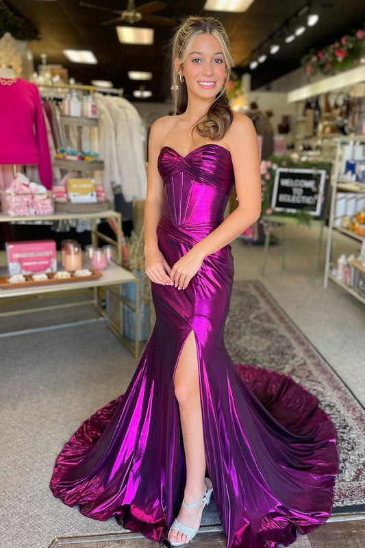 Purple Metallic Satin Mermaid Sweetheart Prom Dress with Slit, PD25268