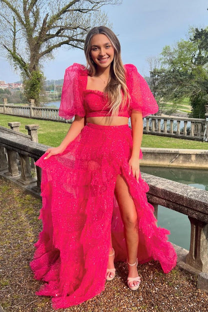 Sweetheart Fuchsia Ruffle Tiered Tulle Prom Dress with Slit, PD25138