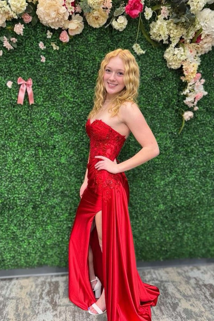 strapless open back dress Red Sequin Sweetheart Mermaid Long Prom Dress with Slit – Modsele main image 0
