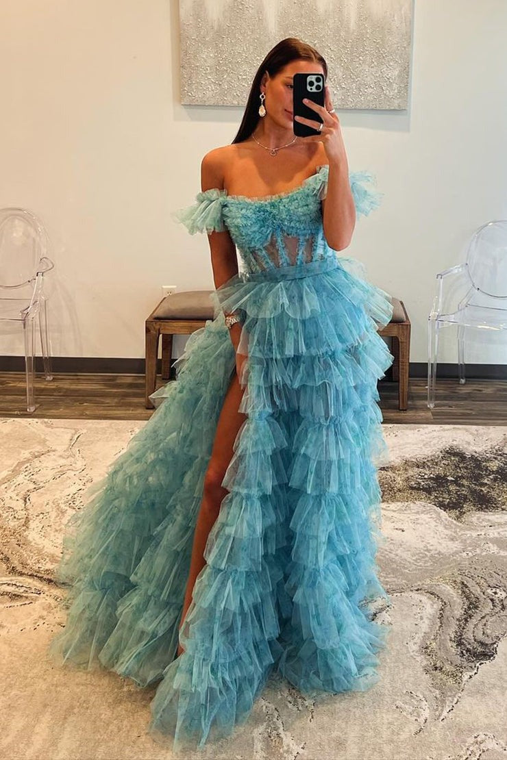 Off-Shoulder Ruffled Lace A-Line Prom Dress with High Slit and Sequins SH151 main image 0