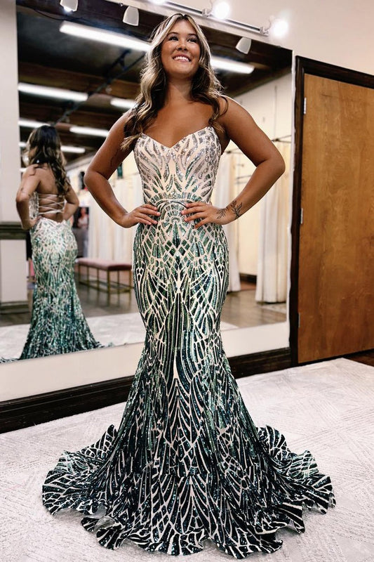 Strapless Mermaid Green Sequins Long Prom Dress, PD25144