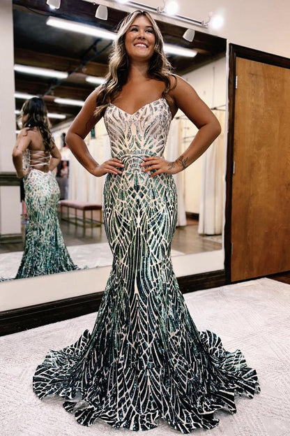 Strapless Mermaid Green Sequins Long Prom Dress, PD25144