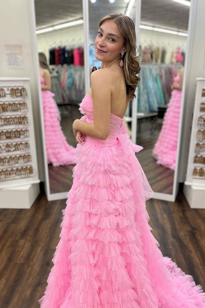 Pink Tulle Strapless Ruffle Tiered Long Prom Dress, PD25344