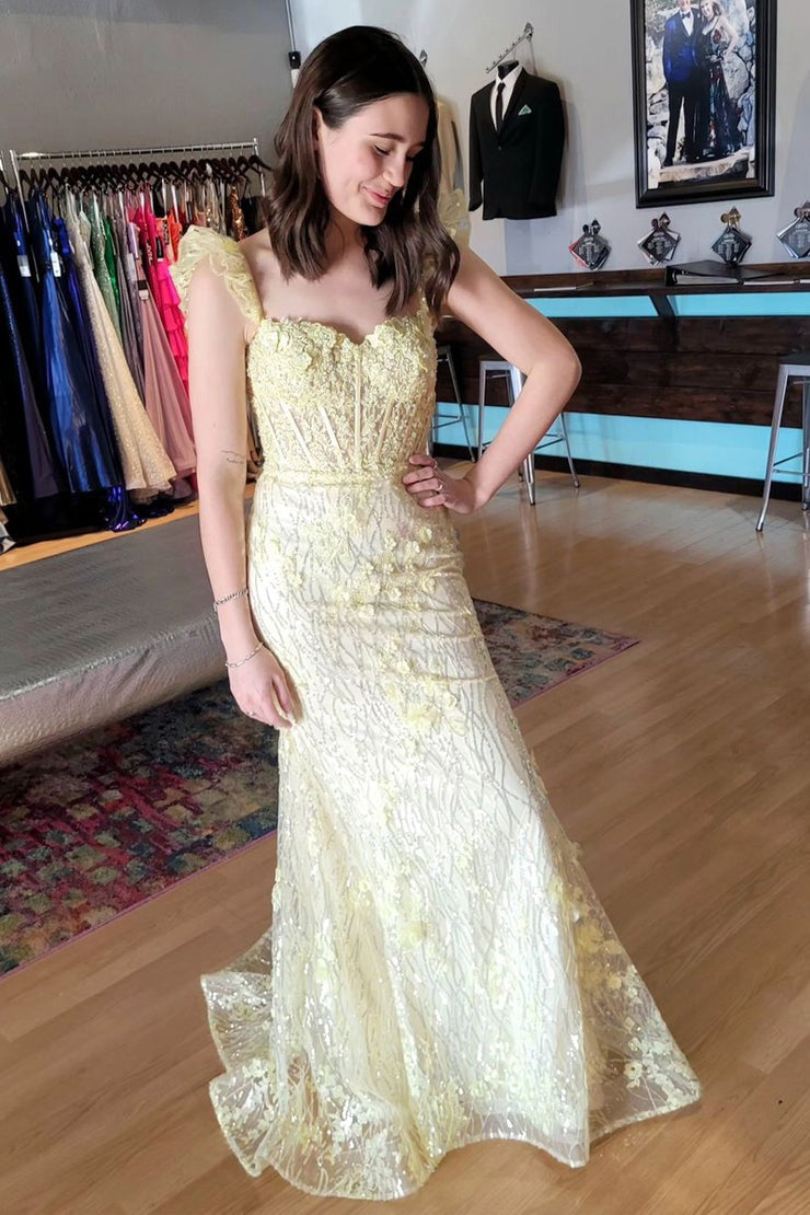 Off the Shoulder Mermaid Yellow Sequin Appliques Long Prom Dresses, PD25165