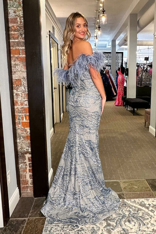 Off the Shoulder Mermaid Sequins Long Prom Dress with Feather, PD25085