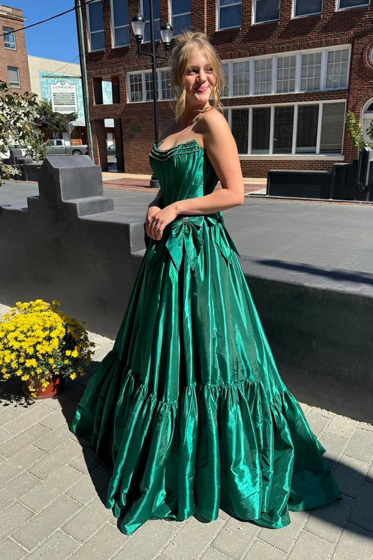 A Line Dark Green Scoop Neck Satin Prom Dresses, PD25002