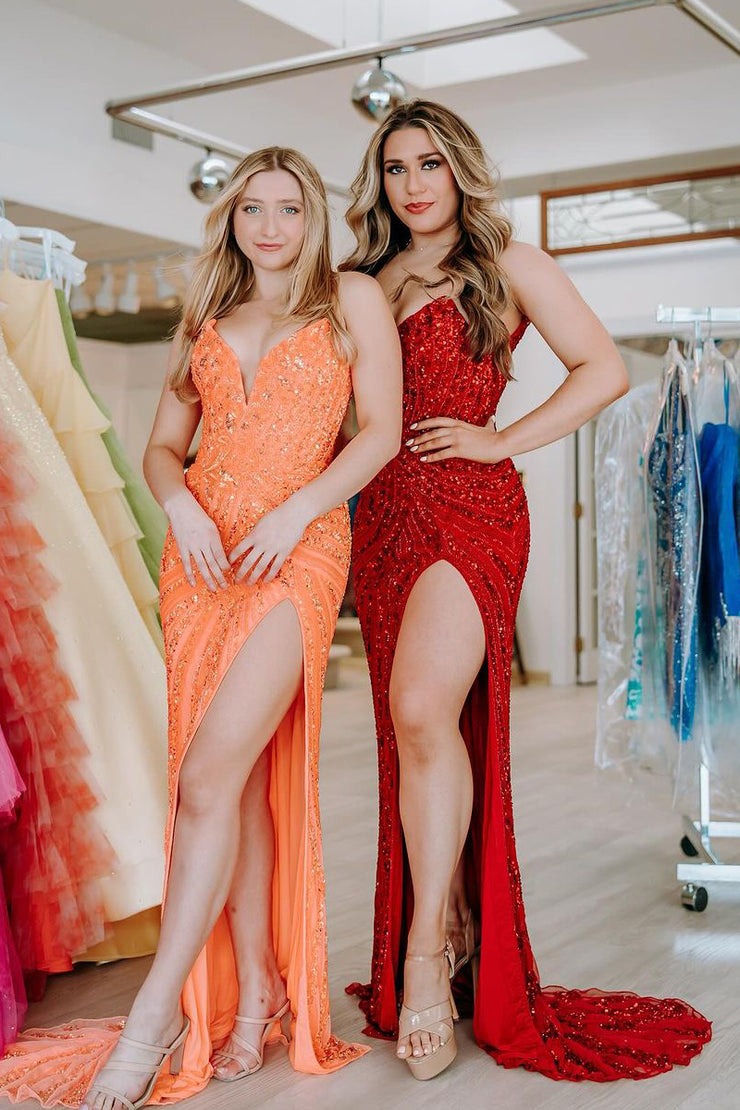 Strapless Mermaid Sequin Long Prom Dresses with Slit, PD25166