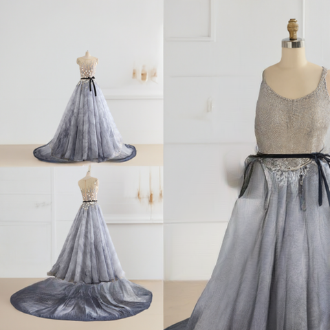 A-line round neck gray long prom dresses, PD2139