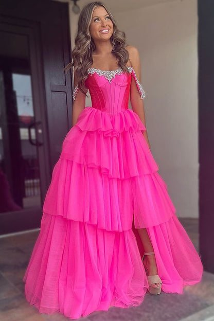 Sweetheart Mermaid Hot Pink Tulle Long Prom Dresses with Beading, PD25042