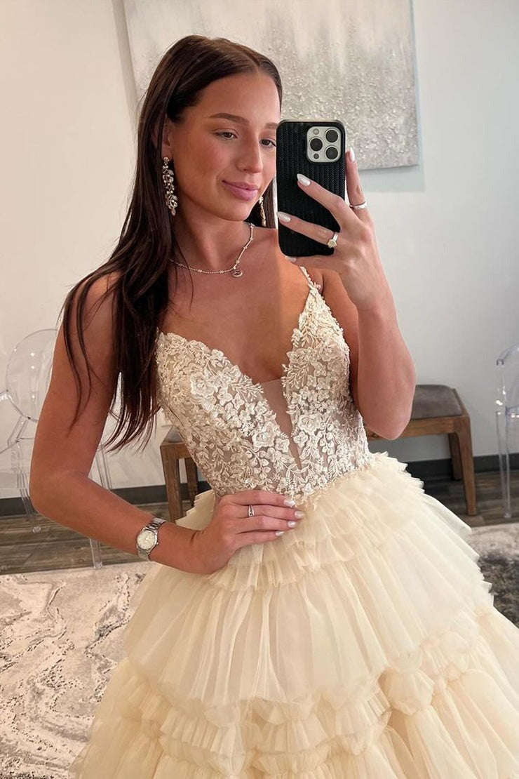 Champagne V Neck Tiered Tulle Long Prom Dress with Appliques, PD25487