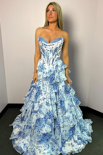 Cute Chiffon A Line Sweetheart Floral Printed Prom Dress, PD25498
