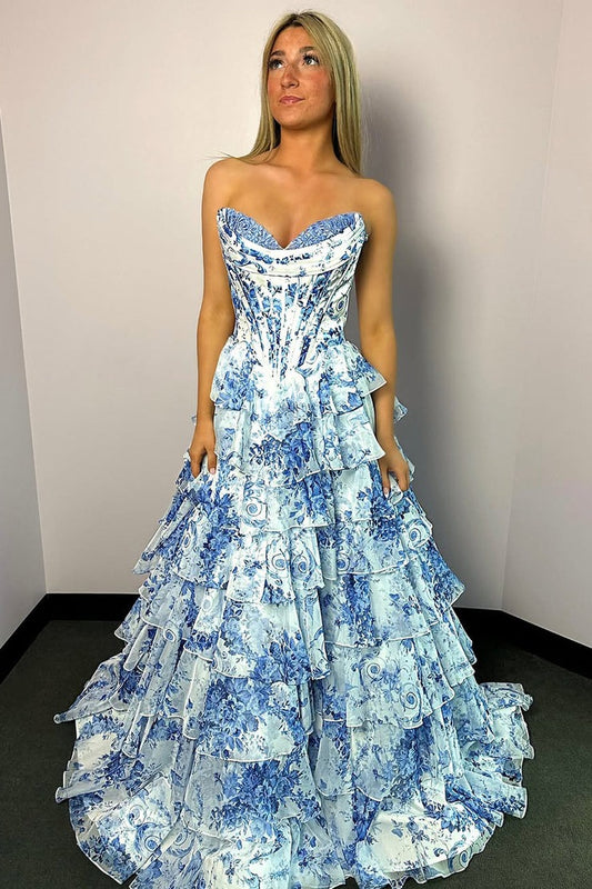 Cute Chiffon A Line Sweetheart Floral Printed Prom Dress, PD25498