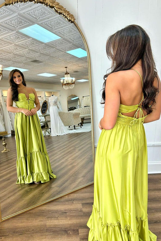 A-Line Halter Satin Keyhole Long Prom Dress, PD25428