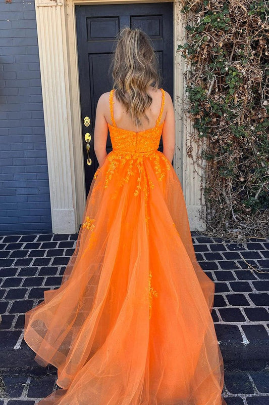 Orange Mermaid Sweetheart Tulle Long Prom Dresses with Appliques, PD25608