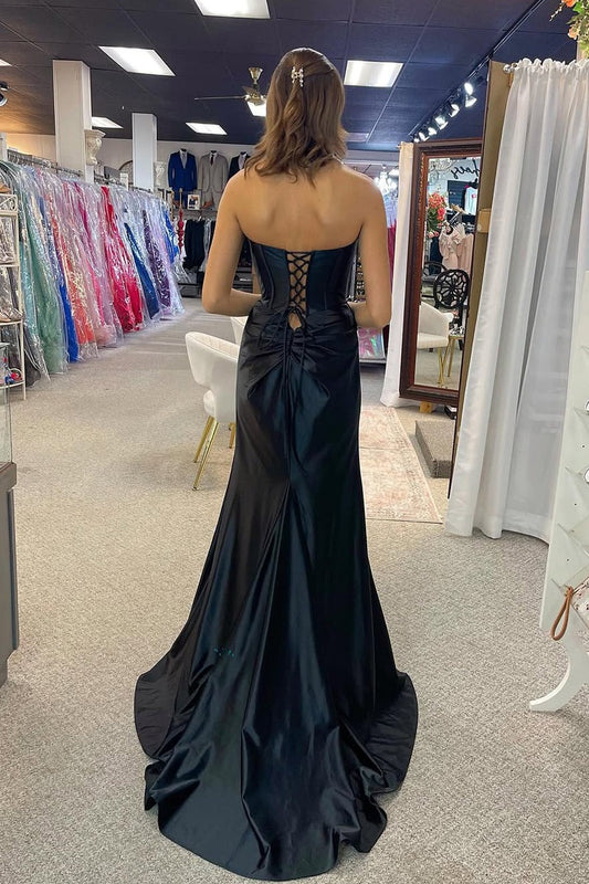Black Sweetheart Mermaid Satin Slit Prom Dress, PD25749